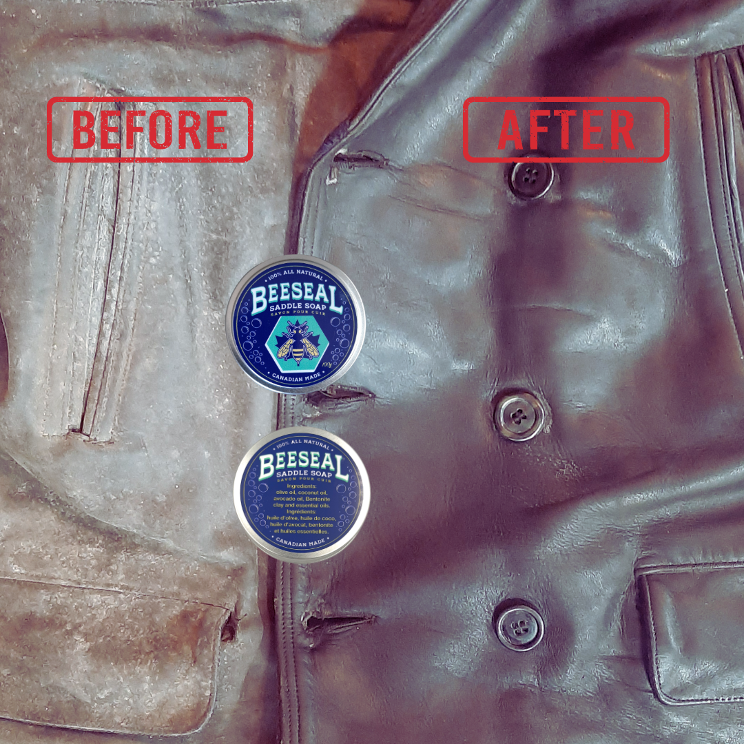 Berfore and After Results on Vintage Leather Coat with Saddle Soap