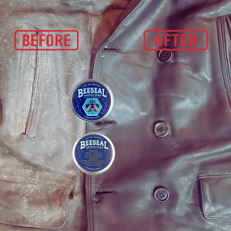 Berfore and After Results on Vintage Leather Coat with Saddle Soap Canadian Beeseal