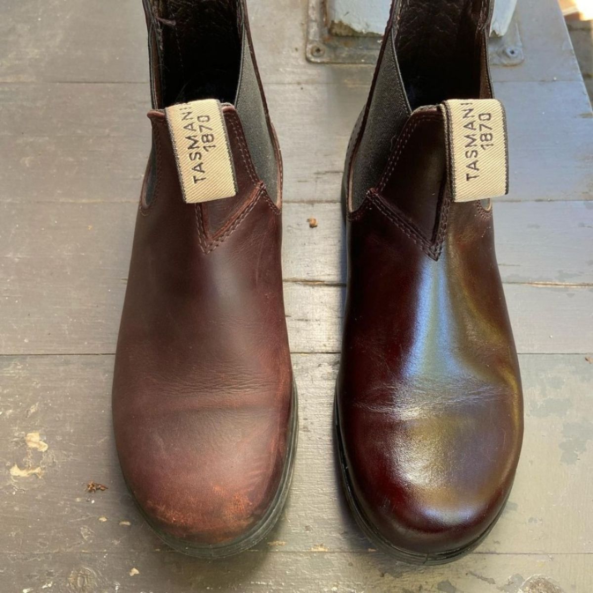 Left side of a pair of Blundstone treated with Canadian Beeseal Premium Leather Conditioner