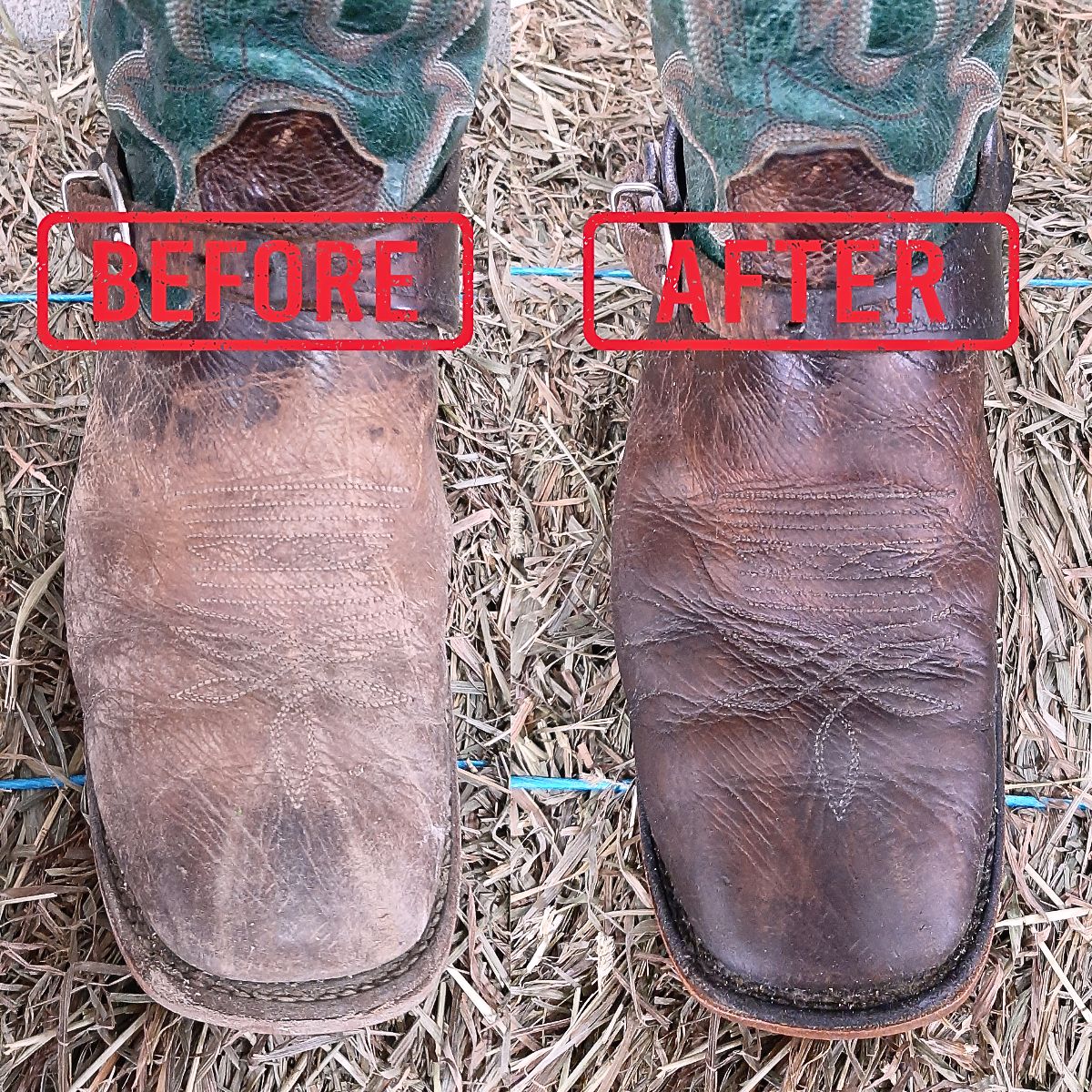 Before and After with Canadian Beeseal Leather Conditioner on Boulet Cowboy Boots