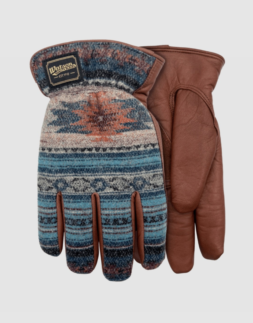 Pair of gloves with patterned palm and brown leather sides on a light gray background by Watson Gloves